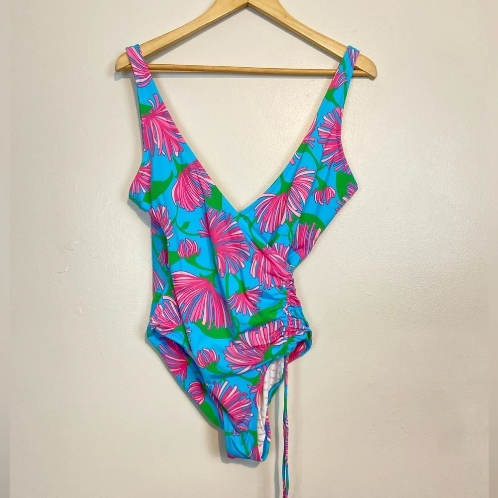 Lilly Pulitzer One-Piece Swimsuit Tropical Print Wrap V-Neck Adjustable Side